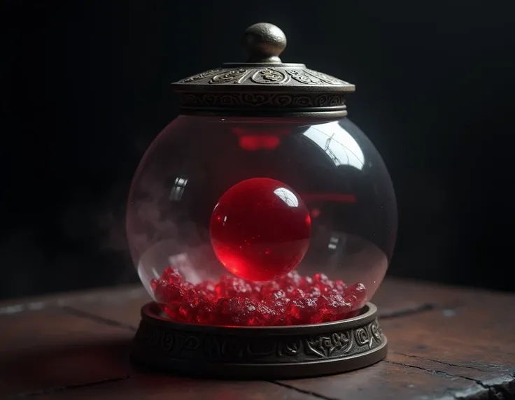 A mystical and ominous crimson gemstone called the Lágrima de Sangue, floating within a round glass jar. The gemstone glows faintly with a dark red hue, its surface smooth and polished, exuding an eerie and powerful aura. The jar is crafted from clear, sli...