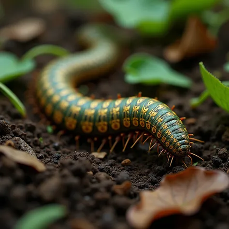 একটি মিলিপেড (millipede) পাতা এবং মাটির মিশ্রণে চলাচল করছে, যার শরীর জুড়ে সবুজাভ বাদামি এবং সোনালি রঙের জটিল ডিজাইন রয়েছে। ম্যাক্রো ফটোগ্রাফির মাধ্যমে এটি উপস্থাপিত