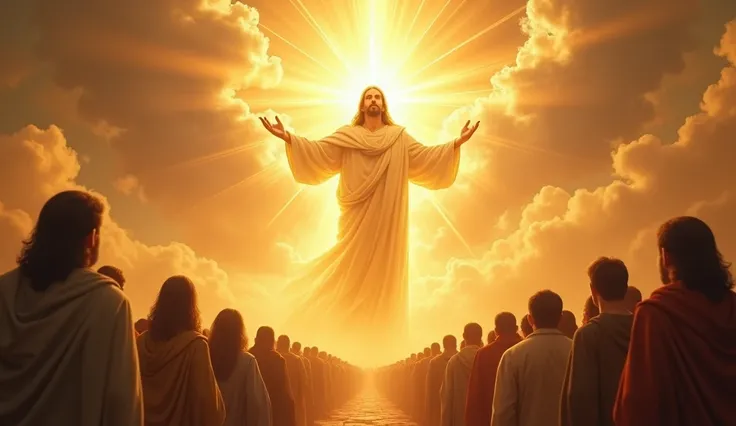 A majestic vision of God in the sky, with rays of golden light radiating, while people on earth look up in awe and awe, reflecting the plea for mercy.