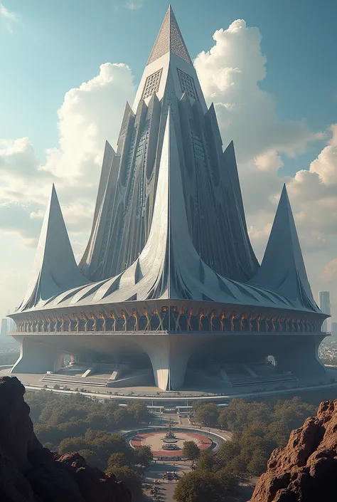 hyper-photorealistic depiction of the colossal FLYING PYRAMID- CATHEDRAL FLYING STADIUM with an extraordinary capacity of 500,000 spectators.The massive structure showcases its grand design and amazing futuristic GOTHIC details
