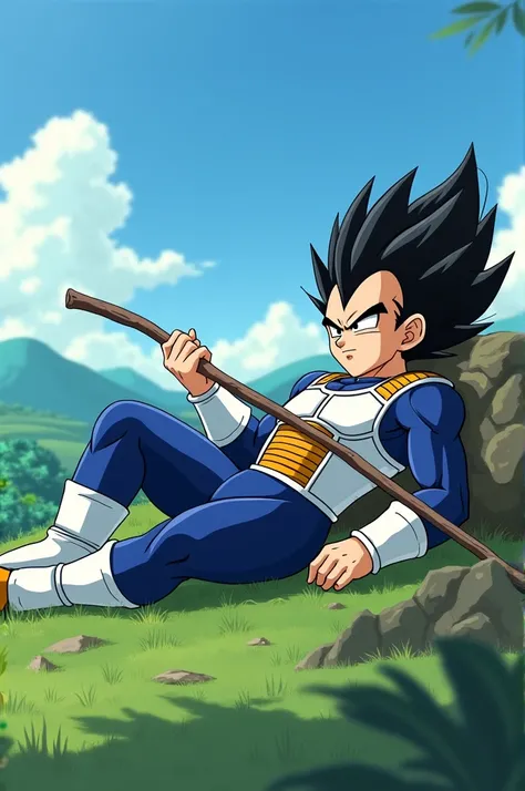 Generate Vegeta lying down holding a stick
