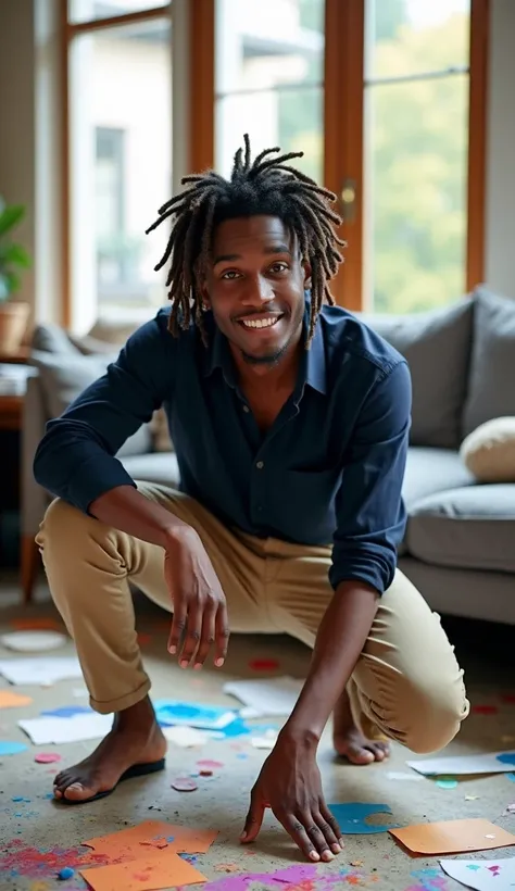 A young man with unique, stylish dreadlocks is crouching on a messy floor covered with paint, paper scraps, and colorful objects. He is wearing a dark blue shirt and beige pants, looking directly at the camera with a playful and focused expression. The bac...