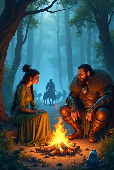 An elf woman magician (example from delicious in dungeon) and a dwarf with armor and an ax are sitting around a campfire in the forest in the evening and far in the background are giants, wolves, ghosts and a blue frog