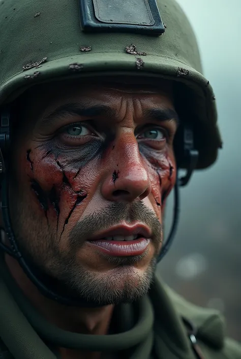 The face of a soldier with his face disfigured by an explosion 