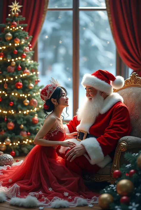   A vibrant Korean woman with a bright smile, wearing a festive red skirt and a Santa hat adorned with sparkly snowflakes, sits on the lap of jolly Santa Claus, surrounded by lush greenery, twinkling fairy lights, and an abundance of colorful Christmas dec...