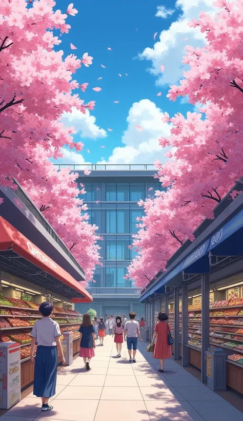 Outside bright supermarket with sakura trees anime style