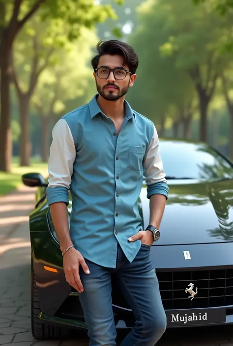 "  Pakistani biggest park background, and 30 year old wearing sky blue and white Casual shirt, laxuary one handwatch, laxury glasses, medium beautifull hair, sitting on realistic black farari of side, with name "Mujahid " Write on Number plate, 3d art pait...