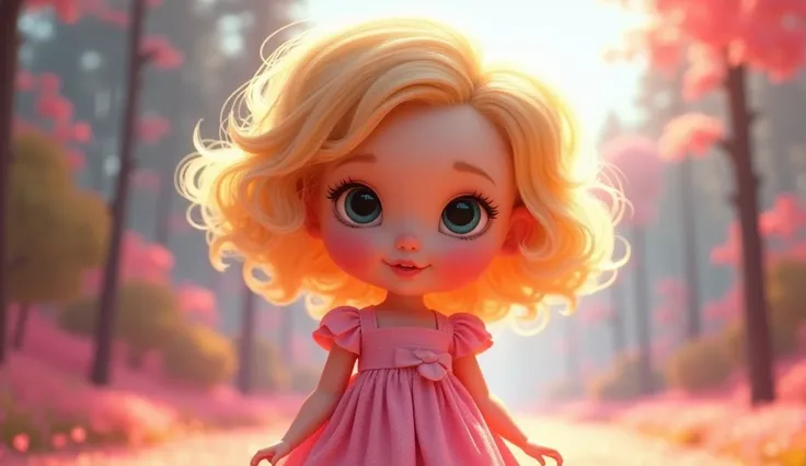 Pixar cartoon blonde doll, cu cucle și rochie roz