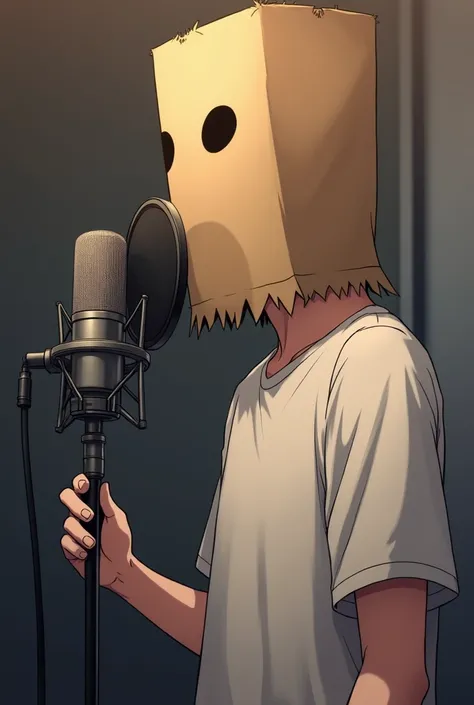  high quality a 26 year old boy,  face covered by a paper bag  , two holes in the bag eye area, paper mask  ? shirt 1.8m ? short hair 2.2m ? singing 11k ?  solo 5 .0M  ? studio microphone, Anime bag style_on_head