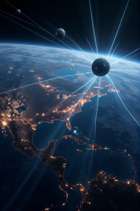 " A view of satellites in orbit around the Earth ,  emitting beams of light that connect different places on the planet. The Earth is shown in realistic detail ,  highlighting highways and cities glowing at night ."