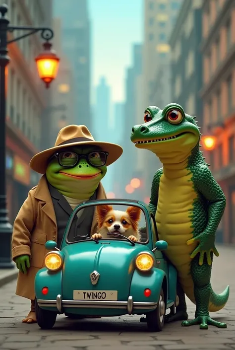 Create an image of a frog wearing black glasses dressed as a police 
Create next to it an image of a crocodile dressed as a watchman with a small dog in a twingo car behind them a heron 