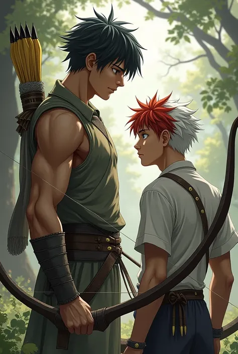 A tall and strong young man with short black hair with a bow and arrow facing his back to a short white and red-haired man