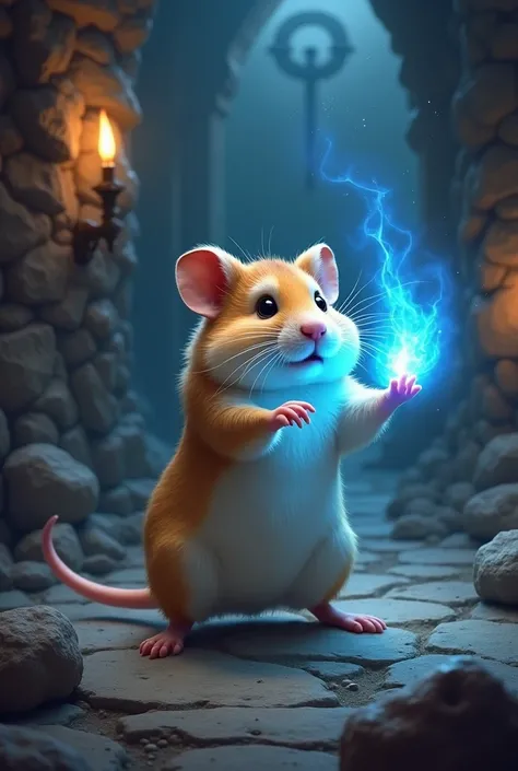 Photography, Masterpiece, Dungeons and Dragons and a realistic Hamster who makes a spell in blue