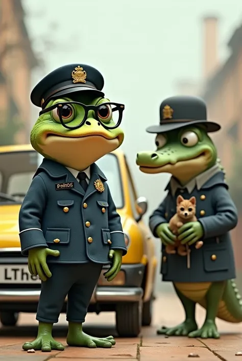 Create an image of a frog wearing black glasses dressed as a police officer wearing a duck-billed cap 
Create next to it an image of a crocodile dressed as a watchman with a small dog in a twingo car behind them a heron 