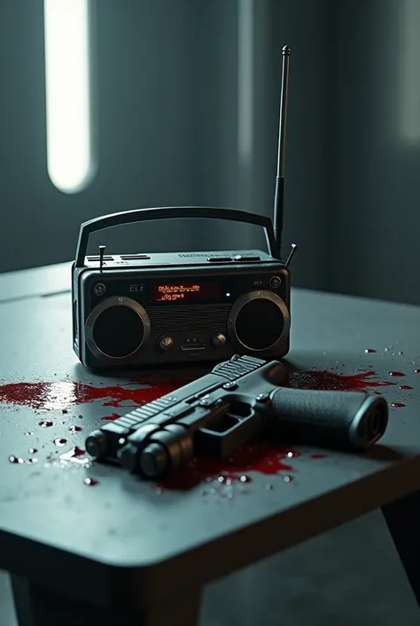 Sci fi futuristic radio on the table, bloody gun