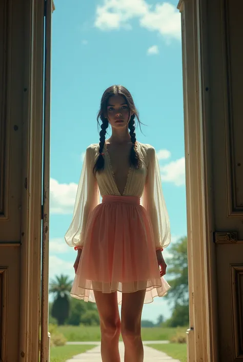  Create an image of a young , Barbara Palvin:1.5,  long black hair , tucked behind the ears,  straight hair , without bangs, , , ((  white unbuttoned open blouse ,  neckline cropped top  )), ((  pink little skirt  , pink little short skirt  )),  Cleavage ,...