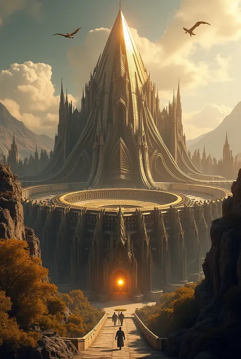 hyper-photorealistic depiction of the colossal FLYING golden-black PYRAMID-CATHEDRAL GOTHIC STADIUM , flying , with an extraordinary capacity of 500,000 spectators.The massive structure showcases its grand design and amazing futuristic GOTHIC details
