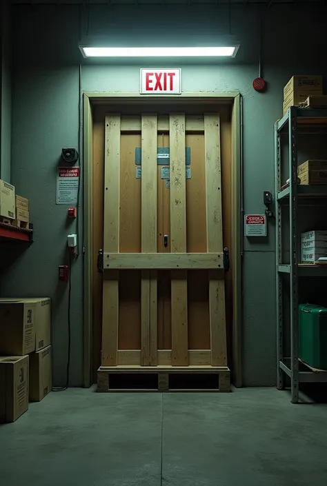 Create an image of an emergency door that is obstructed by a pallet 