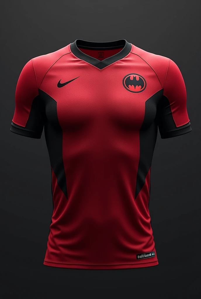 A football jersey of dark red colour
On the right side the logo of batman of black colour
And in the middle of the shirt the logo or words
Bats C.F of black colour


