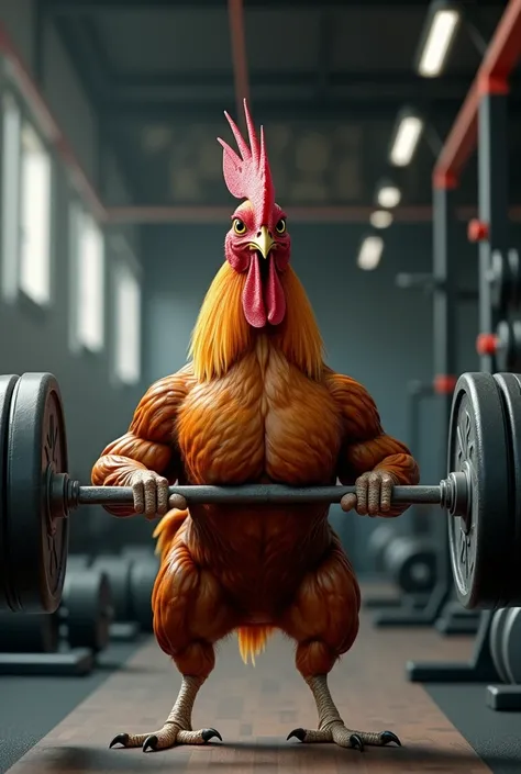  An image of a rooster standing at a gym .  The rooster is positioned in front of a bar with weights on each side ,  as if preparing to lift the bar .  The background presents typical gym equipment , such as weight supports and dumbbells .  The scene humor...