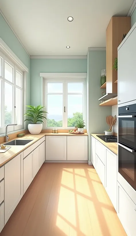 A modern kitchen with light colors anime style