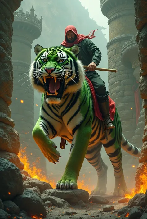 Green warrior tiger with black and yellow stripes /  with large claws /  with red saddle for riding /  in combat position/ lutando contra uma pantera  roxa guerreira com enormes garras  in combat position/ with green saddle for riding  /  in an ancient sto...