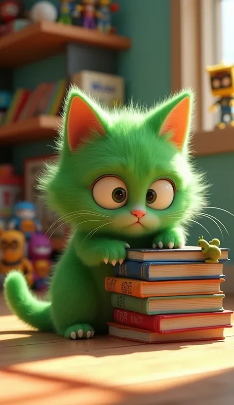 Create a 3D Pixar-style image of a fluffy green cat with tiny plastic dinosaur arms, nervously hiding behind a stack of books while peeking out at a buzzing toy robot. The scene is set in a ’s colorful room, with action figures and comic books scattered in...