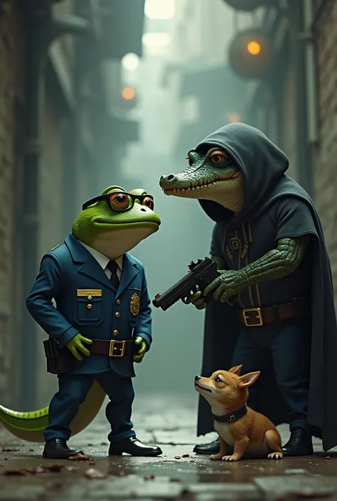 Create an image of a frog wearing black glasses dressed as a police officer with a crocodile dressed as a vigilante with a gun holding up a small dog