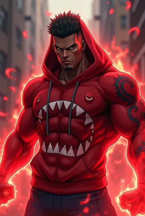 3D brown skin anime guy with red shark hoodie and red powers