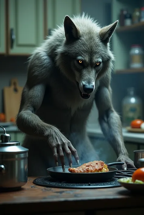 Werewolf cooking in kitchen, smoked frying pan,