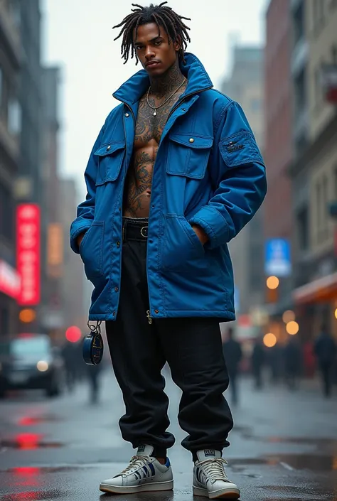 black man,  blue bus brown hair brown eyes,  jacket with a stitching tattoo all over his body  .
He wears cyberpunk pants ,  Adidas sneakers and a Jujutsu Kaisen . 