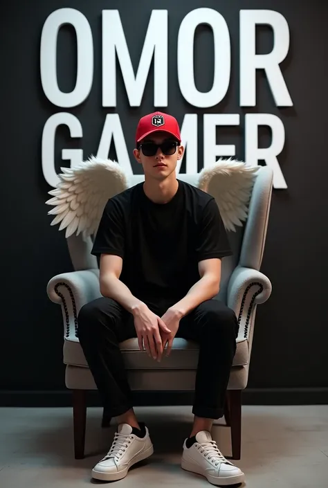 Create a 3D illusion for a Instagram profile picture where a 22 years old boy in a black shirt sits casually on a Wingback Chair. Wearing sneakers, a Red cricket cap, and sunglasses, he looks ahead. The background features "omor Gamer" in big and capital w...