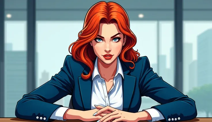 Create a redheaded character white dress shirt and blue blazer in the shape of a comic book with glass windows in the background with your hands on the table