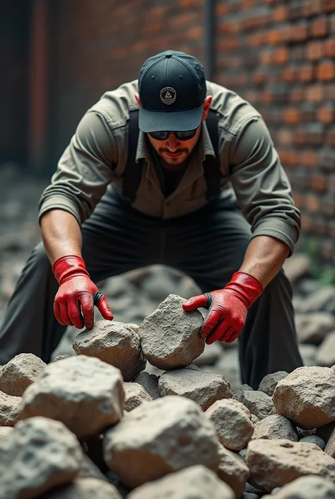 "A man wearing a black cap, sunglasses, and red gloves, working on breaking large stones with a hammer. He is surrounded by a pile of rocks, with a brick wall in the background, creating a rugged, labor-intensive scene."

