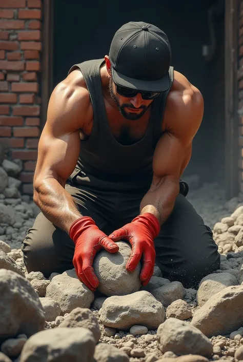 "A man wearing a black cap, sunglasses, and red gloves, working on breaking large stones with a hammer. He is surrounded by a pile of rocks, with a brick wall in the background, creating a rugged, labor-intensive scene."

