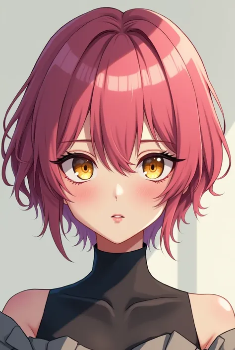 Girl with short pink hair and yellow eyes and big, thick eyebrows with anime-style Russian ancestry