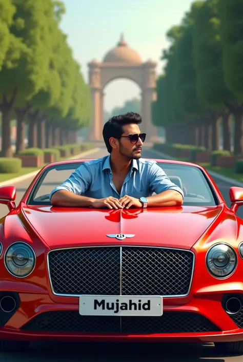 "  Pakistani biggest park background, and 30 year old wearing blue and white Casual shirt, laxuary one handwatch, laxury glasses, medium beautifull hair, sitting on realistic red Bentley of side, with name "Mujahid " Write on Number plate, 3d art paiting r...