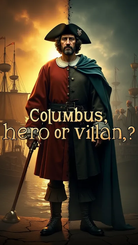 " Design a miniature that draws attention for a 1-minute reel entitled Christopher Columbus :  hero or villain ? The image should show a dramatic and divided design with one side depicting Columbus in heroic light ,  possibly standing proudly with a ship i...