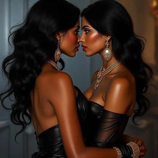 2 Indian item girls, bombshell boobs , Looking at eachother, Jewelry, black gold colour, bra, kissing in lips 