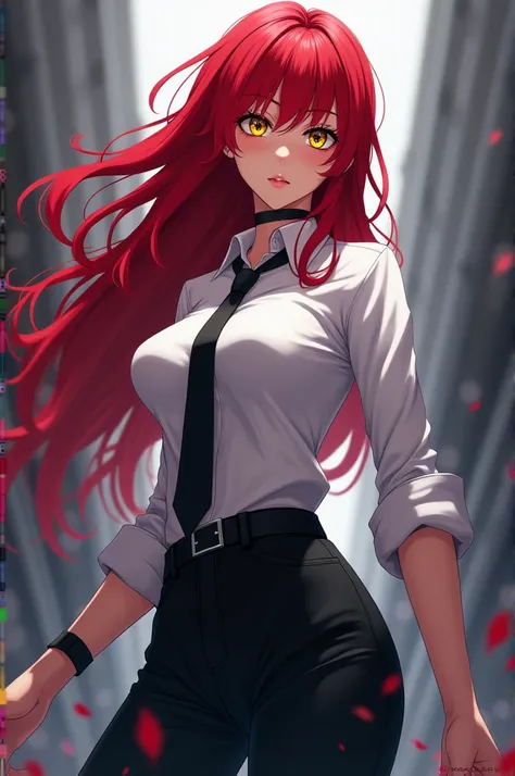 anime  " man chainsaw ", Makima san ,  woman ,  red hair , yellow eyes,  inside pupils black rings,  style, elastic ass,  the white shirt , black tie, black pants 