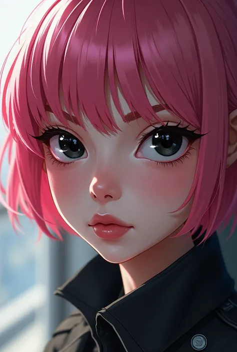 Girl with short pink hair and black eyes and big, thick eyebrows with anime-style Russian ancestry