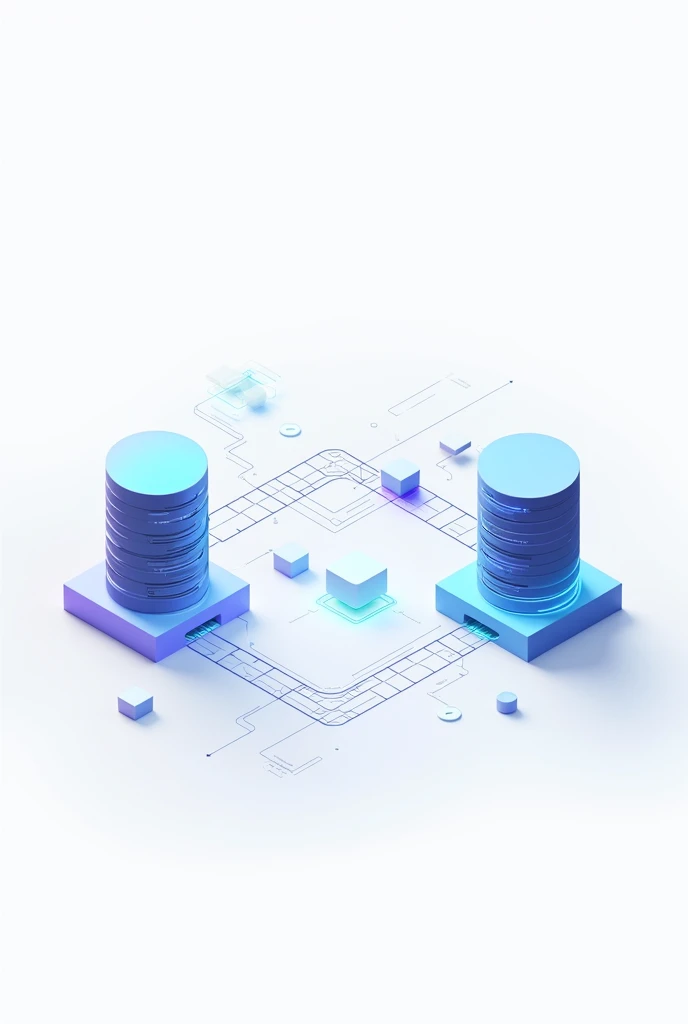 A clean database migration illustration with a white background. There should be two distinct databases icon, one on left and the other on right... And in center some sort of clean migrating of data is shown. It should be high tech and very art like amazin...