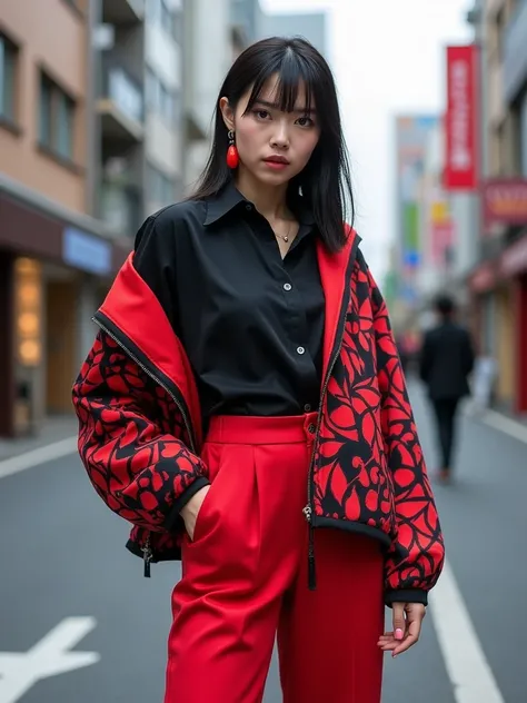 A photorealistic portrait of a 23-year-old woman with a blend of traditional Japanese beauty and modern Gyaru fashion. She has dark hair and wears a vibrant red and black outfit with bold patterns. She also wears a black shirt and red pants, along with red...