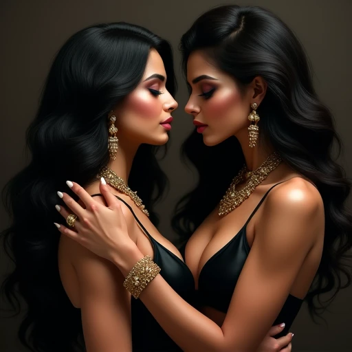 2 Indian item girls, bombshell boobs , Looking at eachother, Jewelry, black gold colour, bra, kissing in lips 