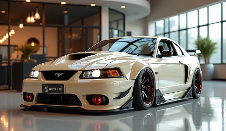 Create a 3D render of a car design featuring the Ford Mustang Boss 429,1999. The car should be viewed from the Left side in Shine cream. Include a [Brand Logo] prominently on the Left side. The headlights should be Red,. The license plate should display Fo...