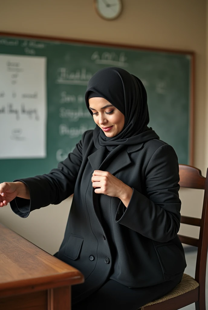 Teacher stretches her hijab womans pussy from the open chair to the table 