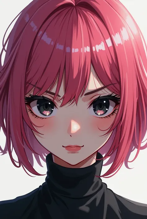 Girl with short pink hair and black eyes and big, thick eyebrows with anime-style Russian ancestry