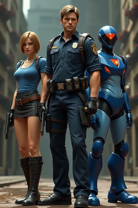  Make Leon Scott Kennedy from Resident Evil in police uniform ,  with Jill Valentine from Resident Evil with short light brown hair, short blue t-shirt , short leather skirt,  long leather boots,  white sweater tied around the waist , with Samus Aran from ...