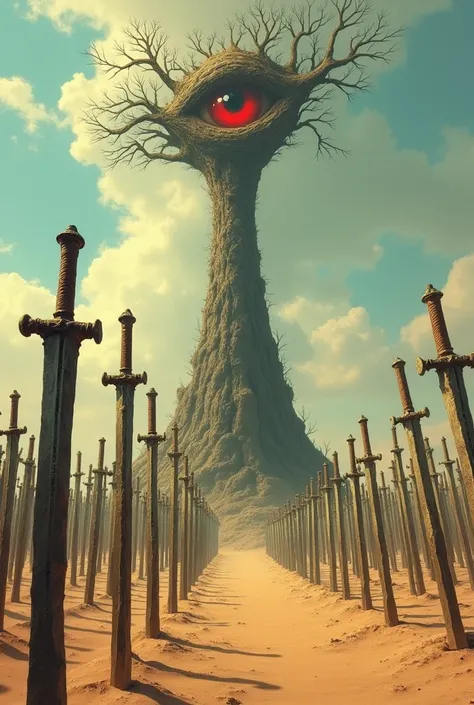 A desert with thousands of swords tied to the ground , with a tower in the middle,  with a red eye being held by a tree at the top
