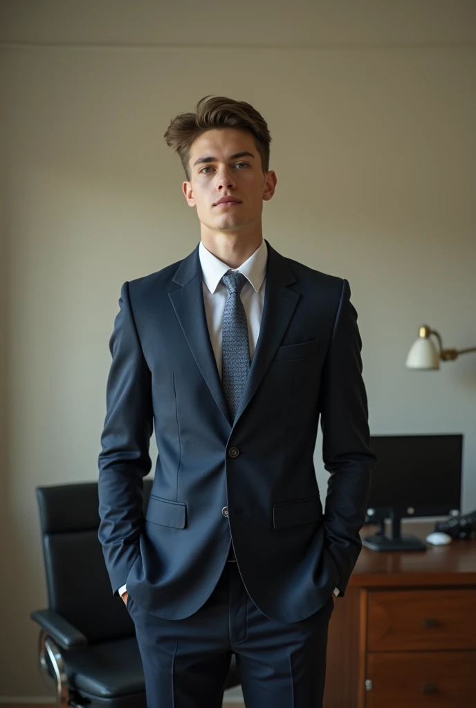 Create an image of a normal, fit 18 year old wearing a suit in his room without much adornment 